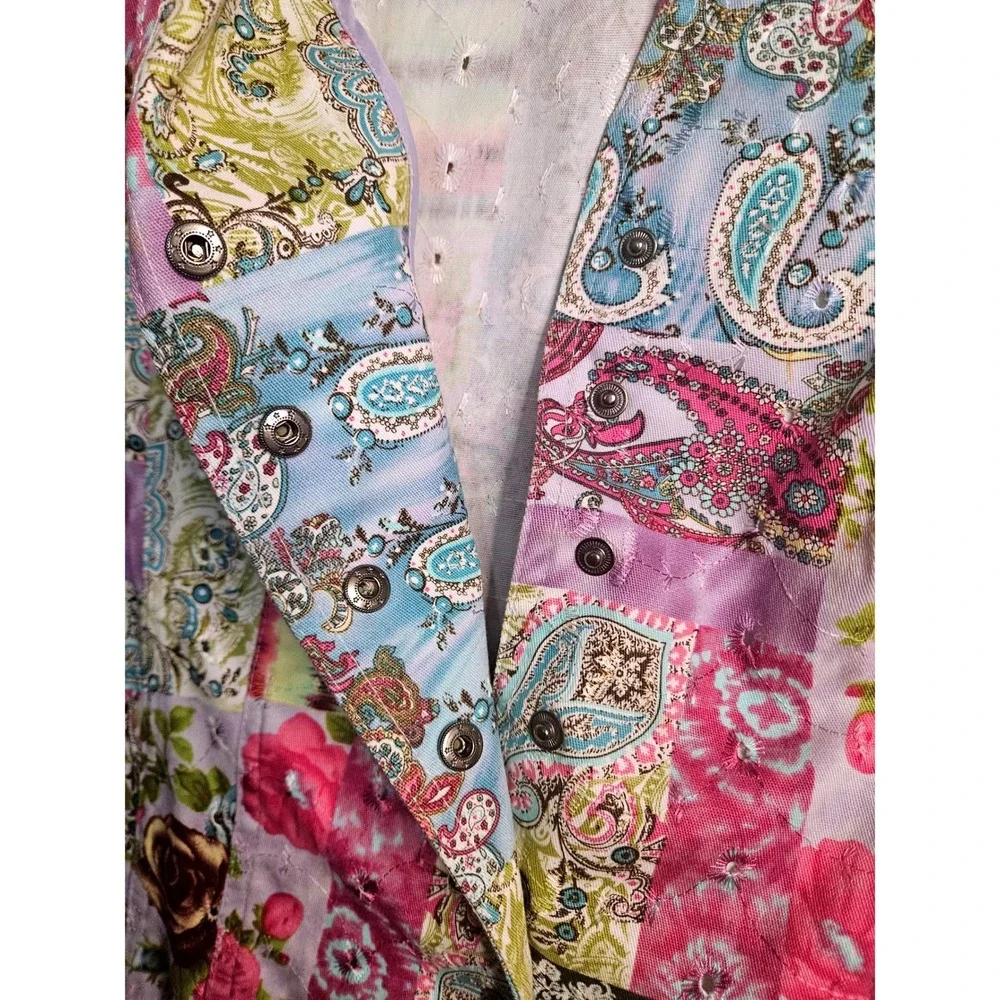 Y2K Artsy Purple Tie Dye Patchwork Print Rose Paisley‎ Jacket Sz Lg Indie #574